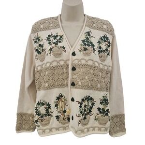 VTG BellePointe Grandma Sweater Women S Cream Cardigan Ivy Birdhouse Vine 90s